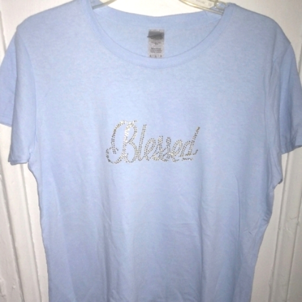 "Blessed" tee shirt light blue Large